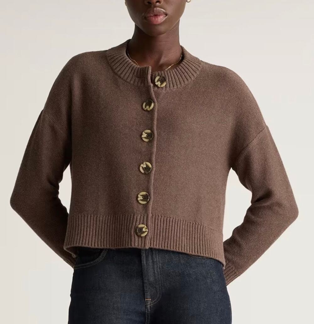 Quince 100% Organic Cotton Cropped Cardigan Sweater Heather Brown Size S NWT